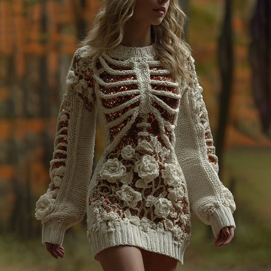 Women's Skeleton Flower Art Knit Mini Sweater Dress artswardrobe