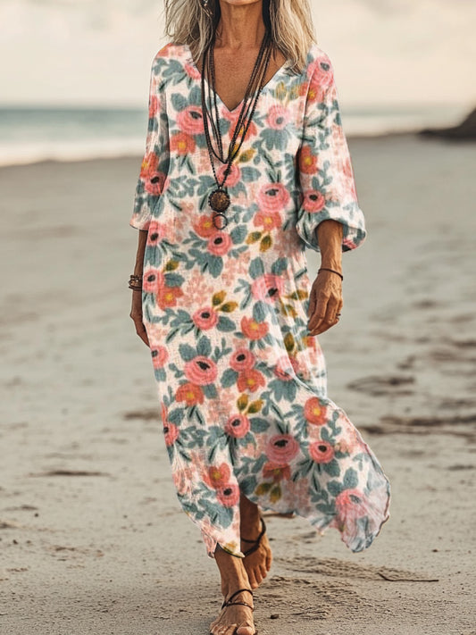 Women's Floral Art Print Pocket Cotton Dresses