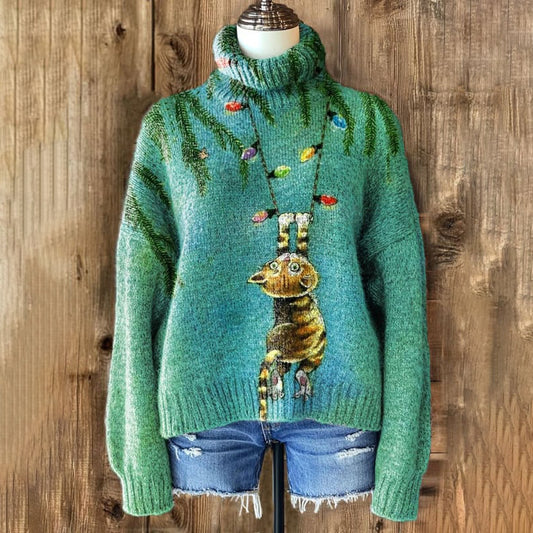 Vintage Christmas Cat Knit Turtleneck Sweater elevenforest