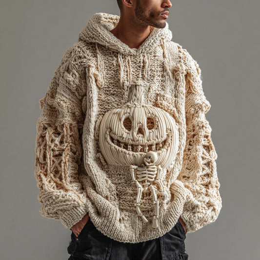 Men's Spooky Pumpkin And Skull Pattern Knitted Warm Hooded Sweater elevenforest