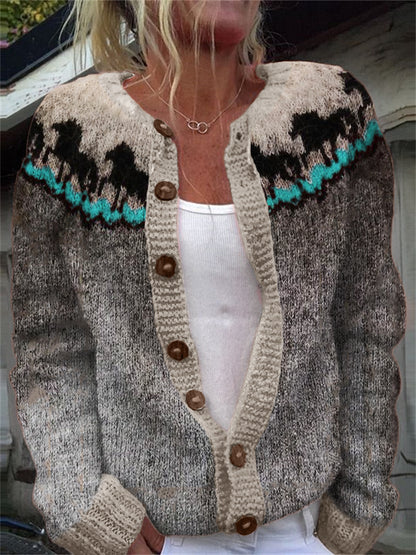 Running Horses Contrast Color Yoke Cozy Cardigan elevenforest