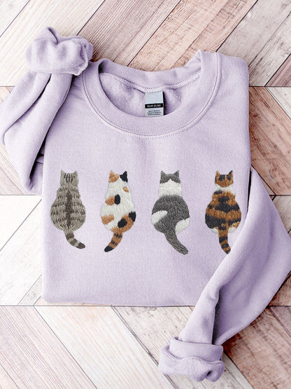 Comstylish Cute Cats Embroidery Pattern Casual Cozy Sweatshirt