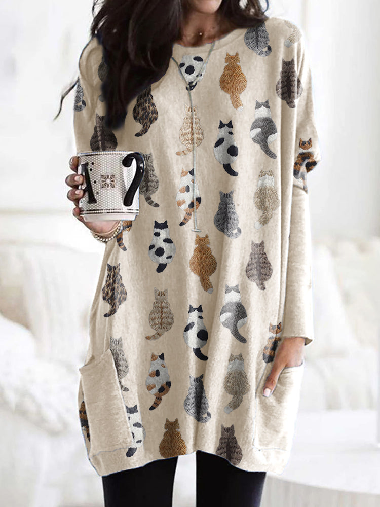Comstylish Cute Cats Embroidery Pattern Long Sleeve T-Shirt