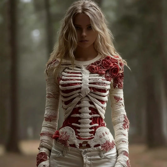 Comstylish Women's Red Rose Skeleton Art Cozy Knit Pullover Sweater