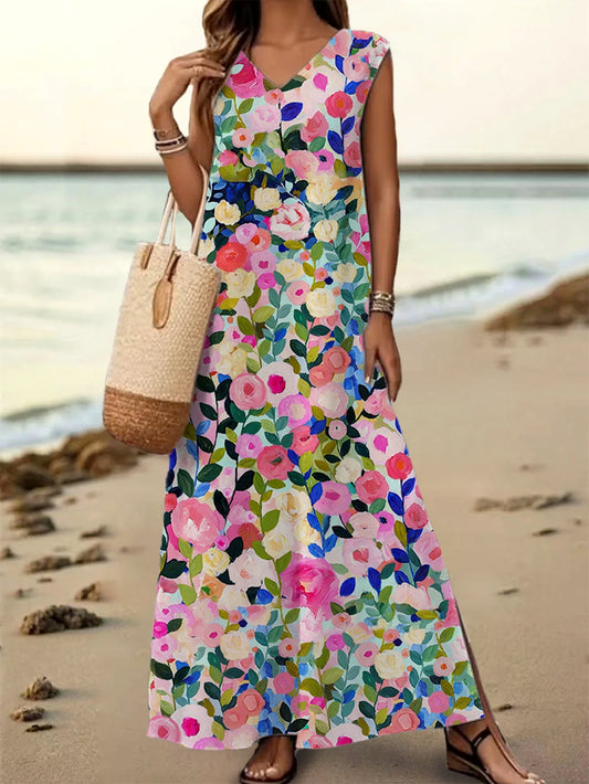 Women's Floral Art Print V-Neck Sleeveless Cotton Pocket Dress