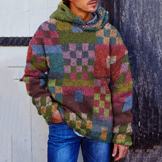 Men's Vintage Plaid Patchwork Colorful Cozy Hooded Sweater elevenforest