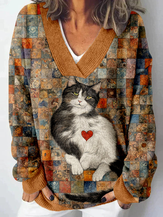 Whimsical Patchwork Cat Art Cozy Knit Sweater elevenforest