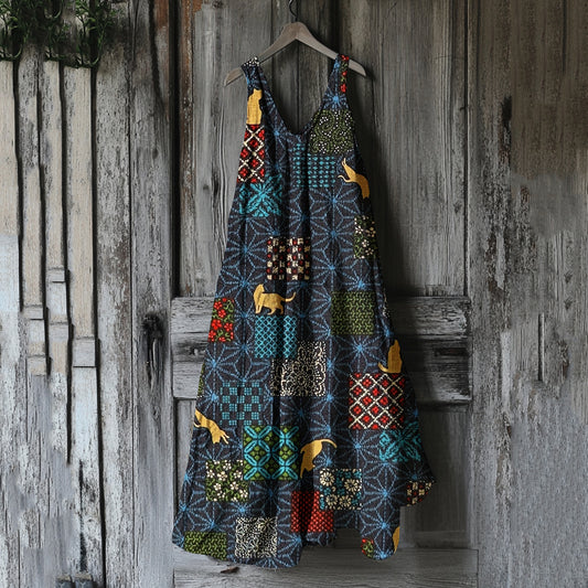 Women's Vintage Cat Geometric Art Linen Tank Dress elevenforest