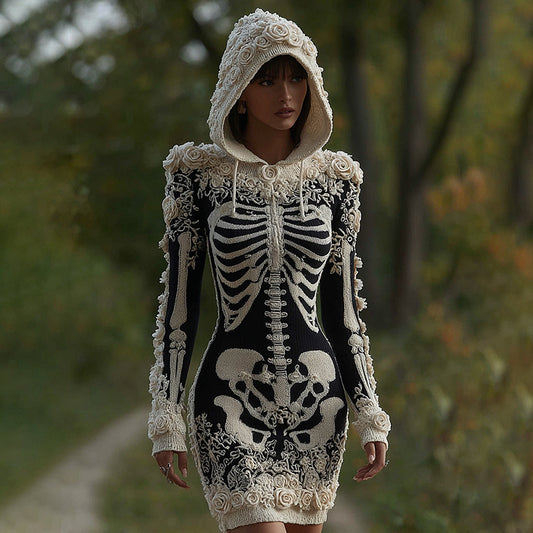 Comstylish Women's Vintage Halloween Skeleton Bones With Rose Art Cozy Knit Hooded Sweater Dress