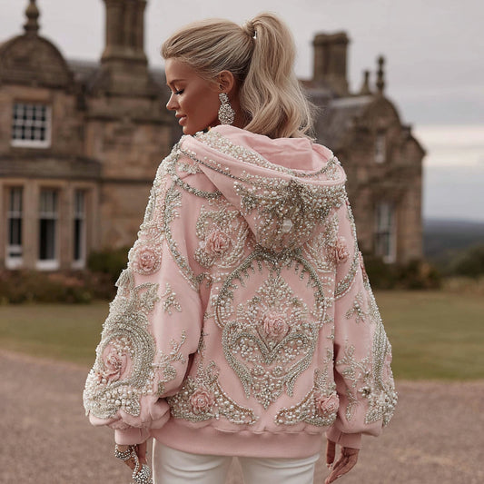 Women's Vintage Rose Embroidery Art Long Sleeve Hoodie