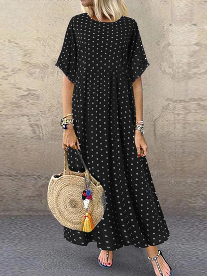 LM | Polka Dot Ladies Midi Dress Bohemian Vacation Short Sleeve O-Neck Long Robe Vintage Loose Casual A-line Vestidos Summer