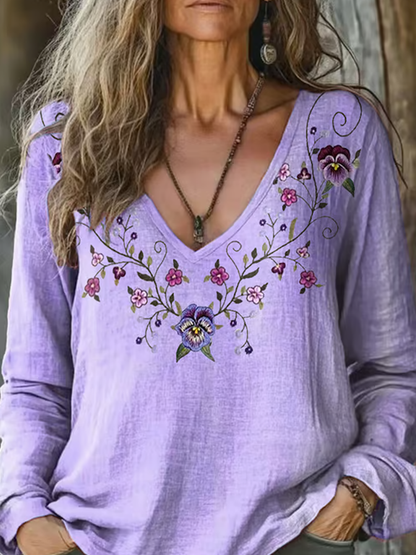 Women's Alzheimer's Floral Printed Cotton And Linen Long Sleeve Top artswardrobe