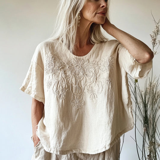Comstylish Vintage Floral Art Cotton Linen Crew Neck Shirt
