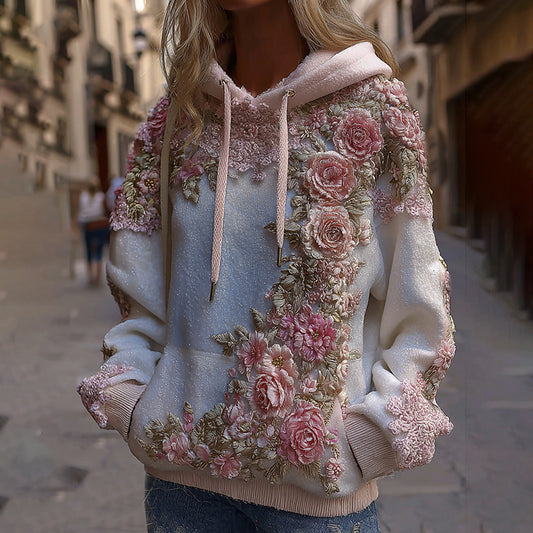 Women's Vintage Pink Floral Embroidery Art Comfy Hoodie artswardrobe