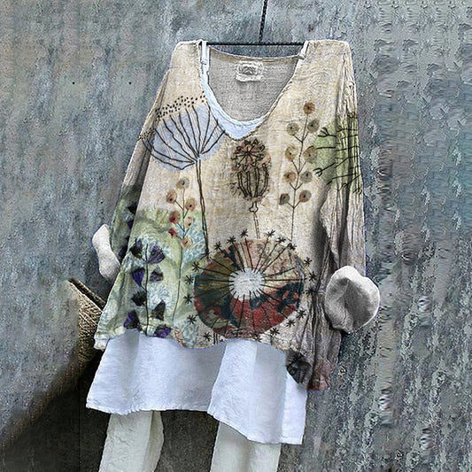 Retro Floral Embroidered Art Linen Blend Tunic artswardrobe