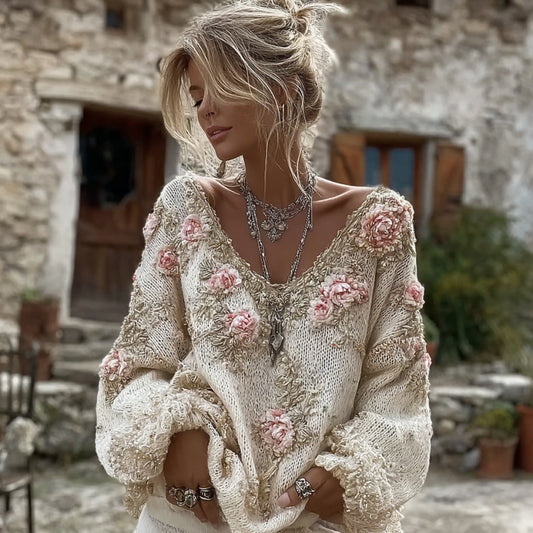 Comstylish Women's Vintage Pink Flowers Art V-neck Cozy Knit Sweater