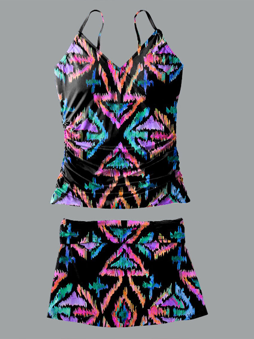 V-Neck Vintage Ethnic Print Suspender Skirt Tankini Pantskirt Set Swimsuit