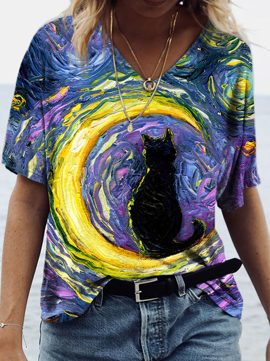 Black Cat On Crescent Moon Starry Night Art T Shirt elevenforest