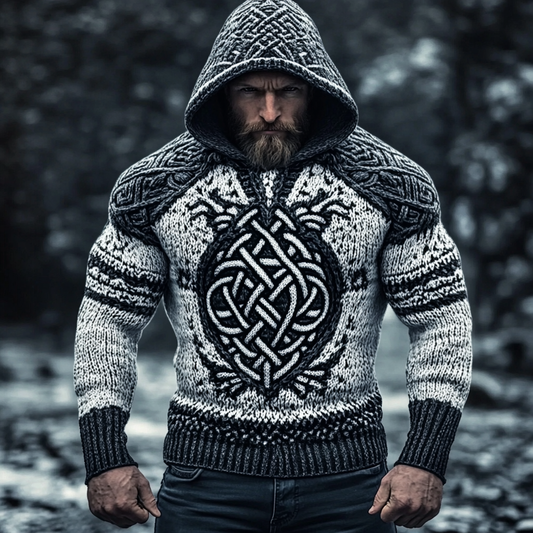 Men's Viking Raven  Chunky Knit Celtic Knotwork Patterns Cozy Knit Hooded Sweater elevenforest