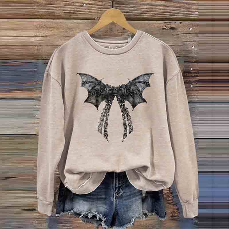 Comstylish Halloween Bat Bow Print Round Neck Casual Sweatshirt