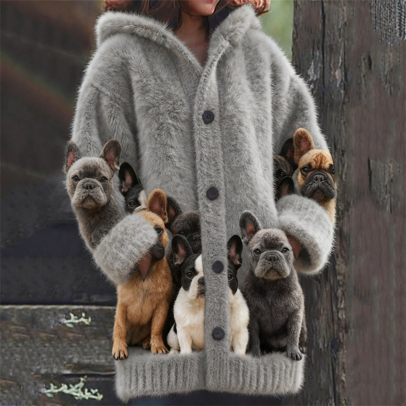 Comstylish French Bulldogs Inspired Cozy Knit Hooded Cardigan