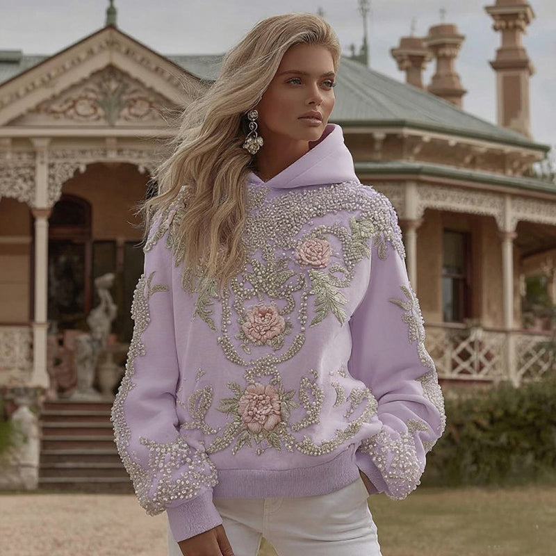Comstylish Women's Vintage Flower Embroidery Art Long Sleeve Casual Hoodie