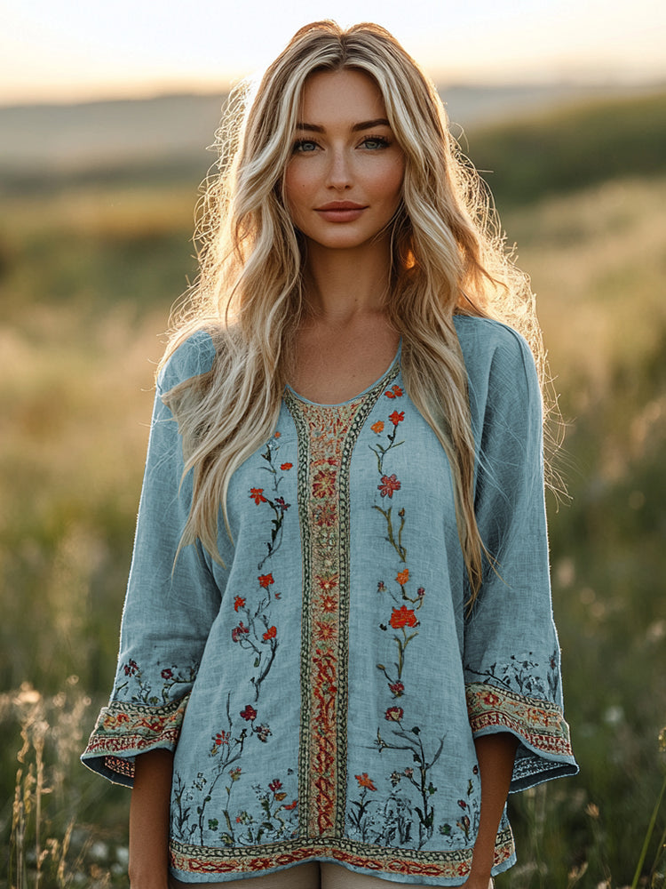 Comstylish Retro Bohemian Floral Embroidery Art Graphics Linen Blend Loose Blouse