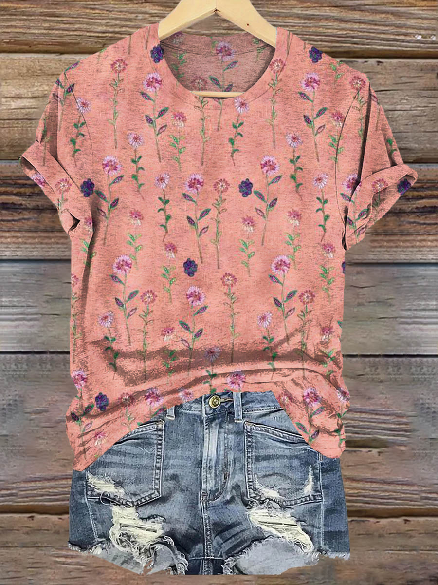 Vintage Floral Art Print Casaul Short Sleeve T-shirt