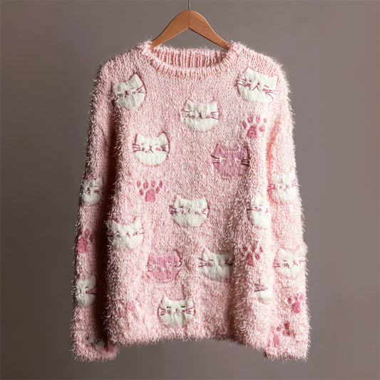 Lovely Cats Paw Prints Embroidered Cozy Fuzzy Sweater elevenforest