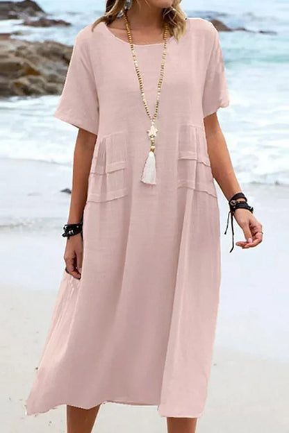 LM | Loose, short-sleeved casual dress with a round neckline and plain colors