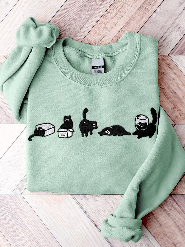 Comstylish Cute Black Cat Embroidery Pattern Sweatshirt
