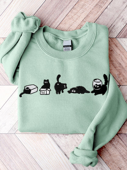 Comstylish Cute Black Cat Embroidery Pattern Sweatshirt