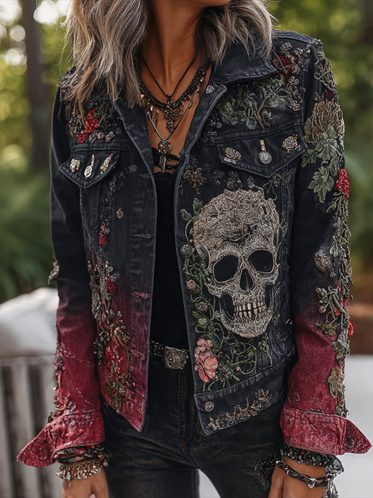 Comstylish A Retro Women's Black-red Gradient Denim Jacket With Gothic Skull And Floral Elements Design For Halloween.