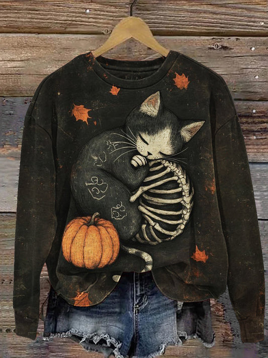 Skeleton Cat Halloween Women's Casual Hoodie elevenforest