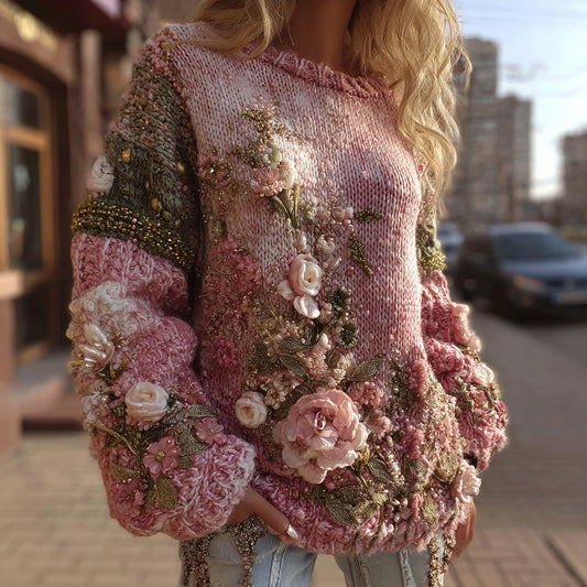 Comstylish Women's Vintage Rose Embroidery Knitted Crew Neck Sweater