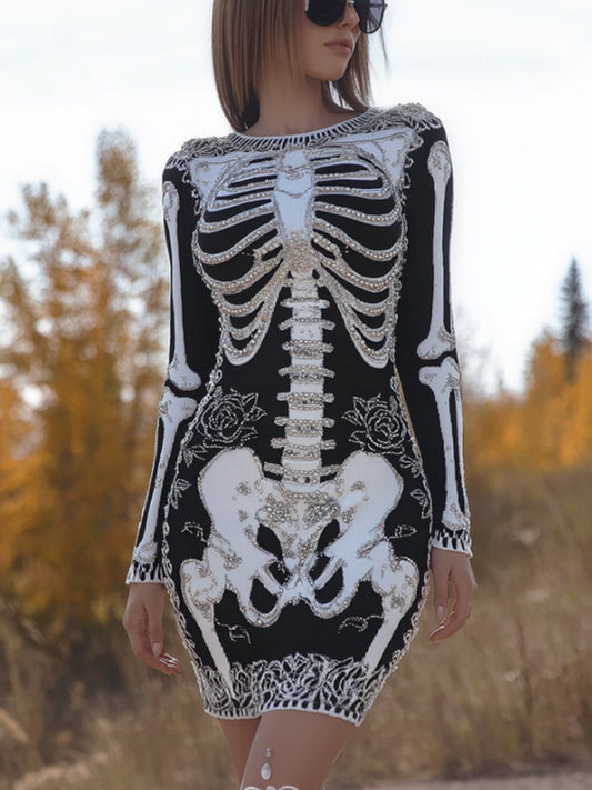 Women's Ancient Halloween Anatomy Art And Rose Knitted Round Neck Dress artswardrobe
