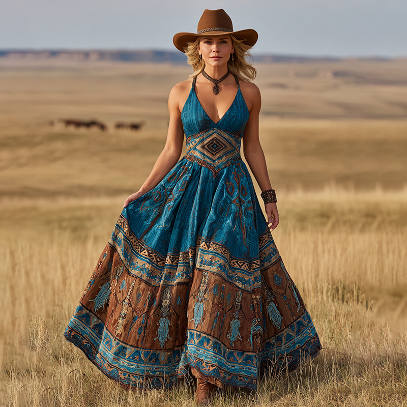 Women's Vintage Western Print Suspender Maxi Dress artswardrobe