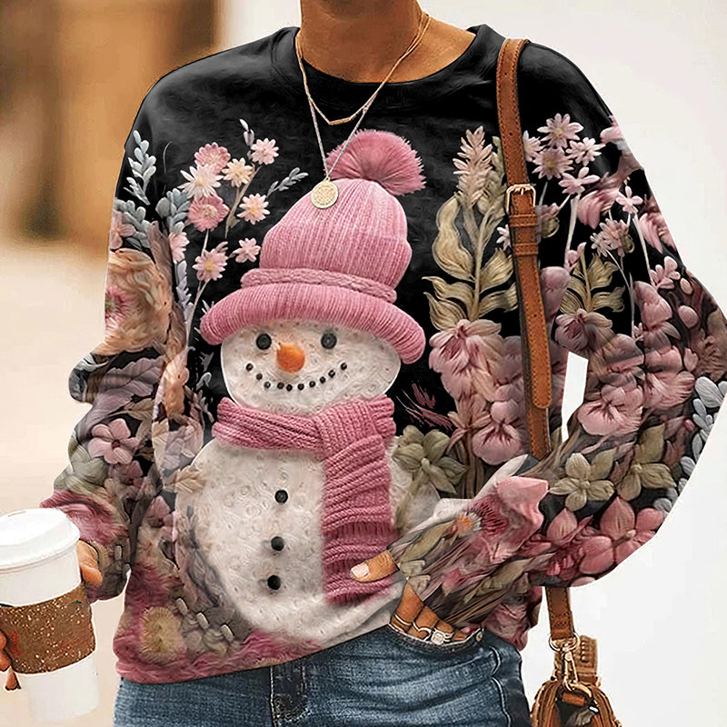 Comstylish Abstract Creative Christmas Snowman Art Print Crew Neck Casual Sweatshirt