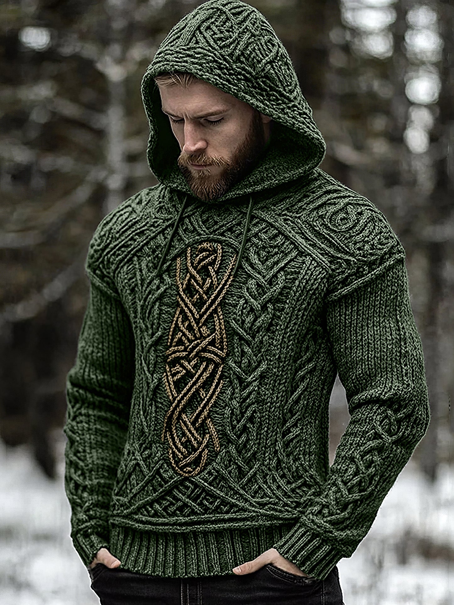 Men's Viking Jacquard Celtic Inspired Cozy Knit Hooded Sweater artswardrobe