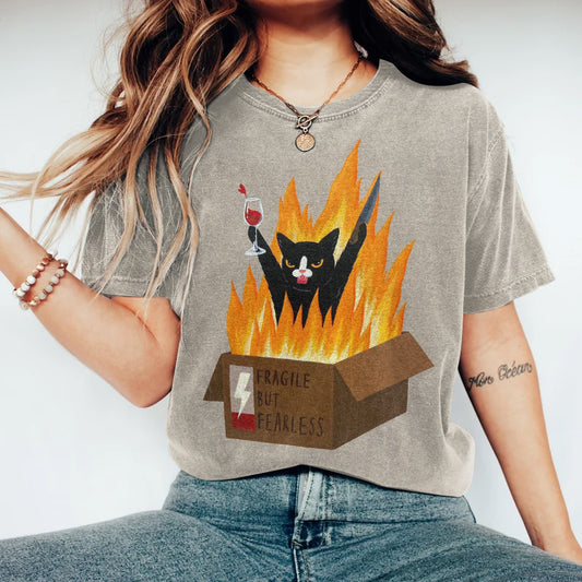 Fragile But Fearless Cat Print Short Sleeve T-Shirt elevenforest
