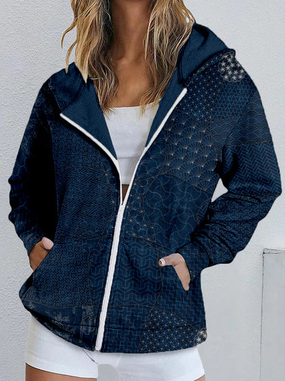 Comstylish Japanese Traditional Sashiko Art Zip Up Hoodie