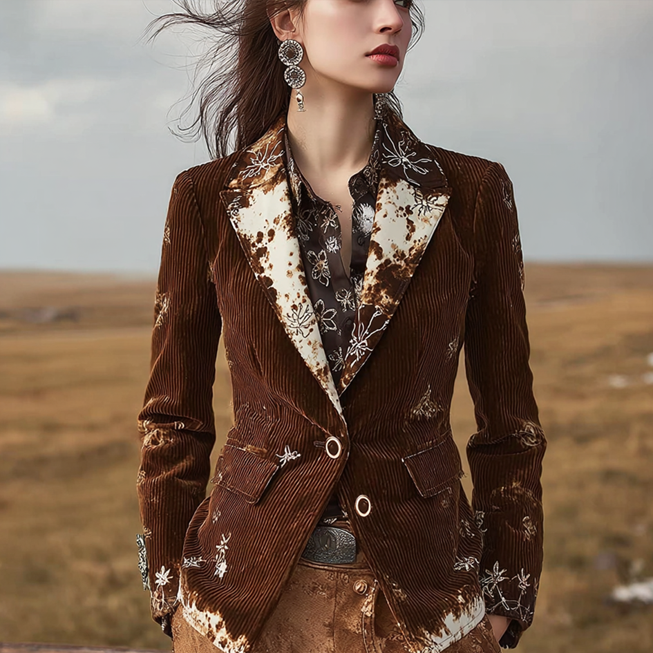 Comstylish Lady Retro Western Style Rendering Design Corduroy Suit Jacket