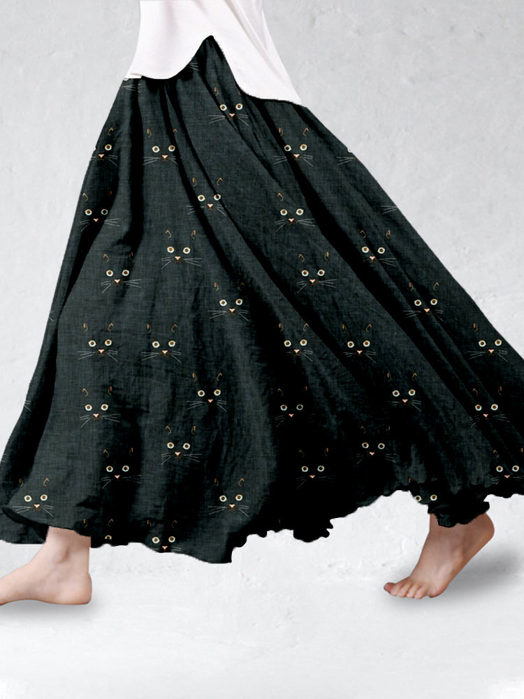 Cute Cat Face Pattern Linen Blend Flowy Wide Skirt elevenforest