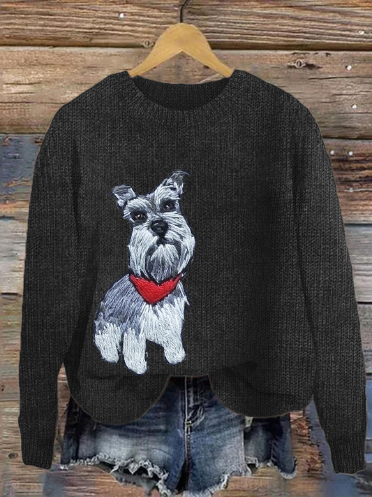 Comstylish Christmas Pet Dog Embroidered Women's Crew Neck Sweater