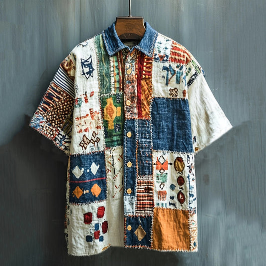 Men's Vintage Spliced ​​​​contrasting Geometric Linen Shirt artswardrobe