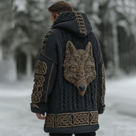 Men's Vintage Viking Celtic Knot Wolf Jacquard Knit Hooded Zipper Sweater Cardigan artswardrobe