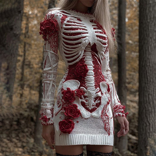 Comstylish Bloody Roses Skeleton Art Bandages Knit Sweater Dress