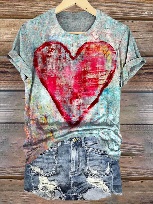 Vintage Graffiti Heart Art Pattern Print Crew Neck T-shirt