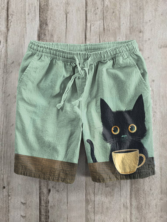 Vintage Black Cat Print Linen Blend Casual Shorts elevenforest