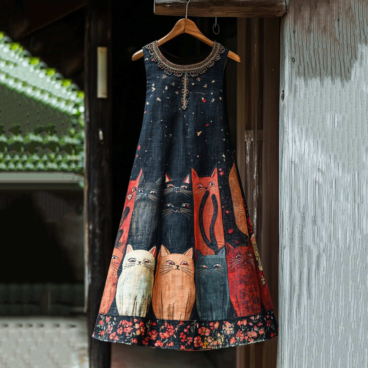 Comstylish Casual Pop Art Patchwork Cotton Linen Cat Dress
